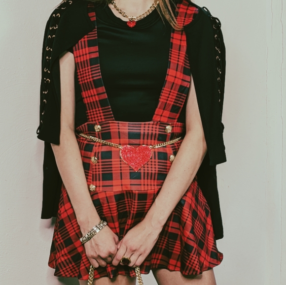 NWT Fall Preppy Red Plaid Suspender Skirt S:S-M - Picture 5 of 10
